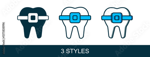 Filled outline Teeth with braces icon isolated on white background. Alignment of bite of teeth, dental row with with braces. Dental concept. Vector
