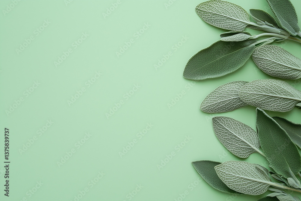 Fresh sage leaves on pale sage green background create natural and calming atmosphere, perfect for culinary or wellness themes