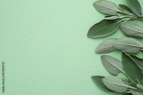 Obraz na płótnie Fresh sage leaves on pale sage green background create natural and calming atmosphere, perfect for culinary or wellness themes w salonie