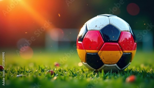 Abstract soccer ball with German flag incorporated into its design, set against a vibrant background, champion, abstract, winner