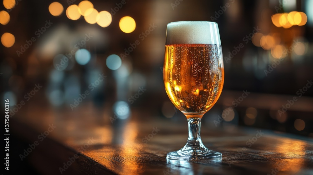 A sparkling glass of beer sits elegantly on a bar, surrounded by soft, blurred lights, creating a warm and inviting atmosphere. A sparkling glass of beer sits elegantly on a bar, surrounded by soft, blurred lights, creating a warm and inviting atmosphere.
