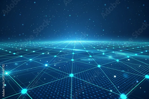 A high-tech digital grid background with floating light particles and deep blue tones. Perfect for technology, AI, and futuristic design visuals.