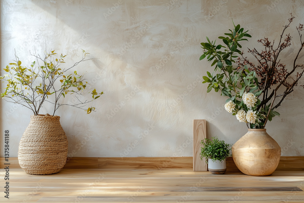 serene interior scene featuring decorative vases with plants, showcasing blend of natural textures and soft colors. warm wooden surface complements elegant arrangement