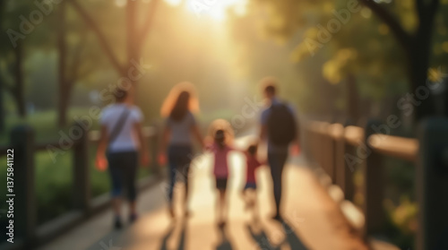 A blurred photograph of a family walking on a bridge in a park against a sunset backdrop