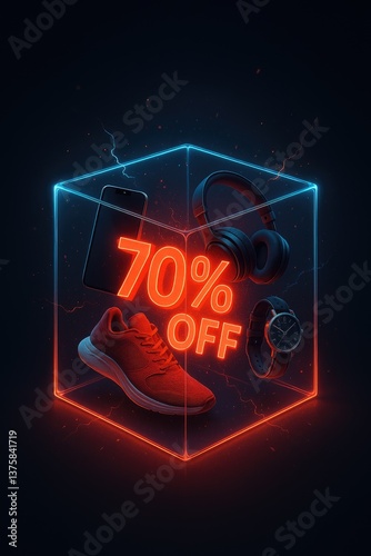Futuristic Cube Explosion with Products and 3D SALE Text – Generate AI