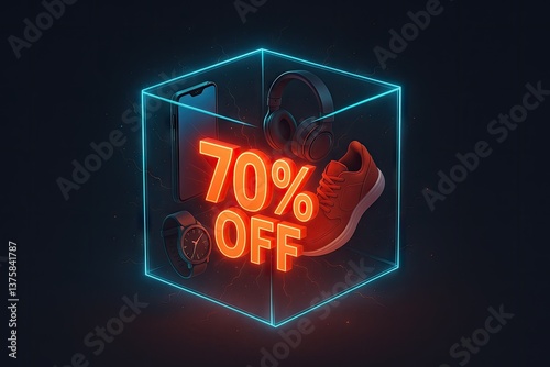 Futuristic Cube Explosion with Products and 3D SALE Text – Generate AI
