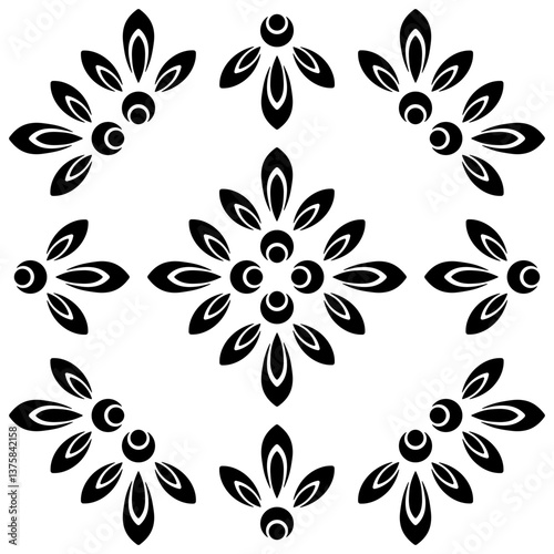 Vector stencils with abstract floral pattern. Black ethnic seamless pattern. Square mosaic tile. Monochrome folklore plant background. Decorative floral ornament for laser cut