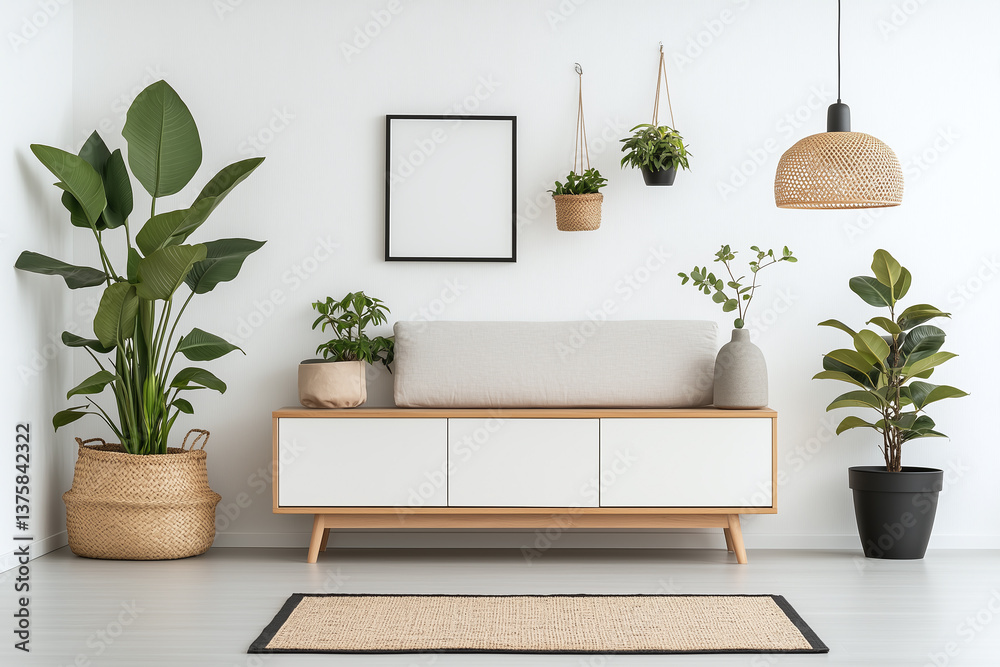 Modern living room with plants and minimalist furniture
