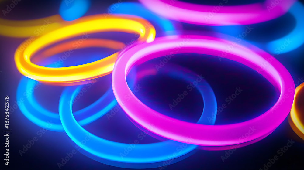 Abstract neon circles of blue, pink, and yellow glow on a dark background. Abstract neon circles of blue, pink, and yellow glow on a dark background.