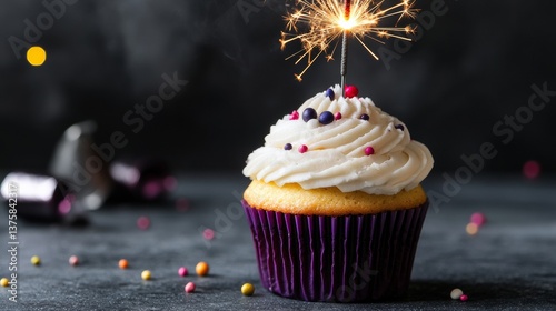 Cupcake decorated with colorful sprinkles and a sparkler on top for a festive celebration in a cozy kitchen setting