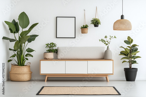 Obraz na płótnie Modern living room with plants and minimalist furniture w salonie