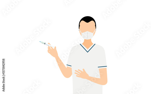 Simple illustration of a male nurse with a wide forehead giving an injection