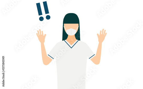 Simple illustration of a female nurse with long hair raising her hand in surprise