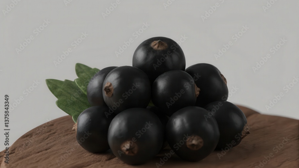 A fresh pile of delicious blackcurrants on a wooden surface with green leaves, perfect for healthy recipes. Isolate on white background, Copy space, commercial use A fresh pile of delicious blackcurrants on a wooden surface with green leaves, perfect for healthy recipes. Isolate on white background, Copy space, commercial use