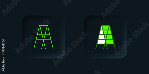 Green Wooden staircase icon isolated on black background. Black square button. Vector