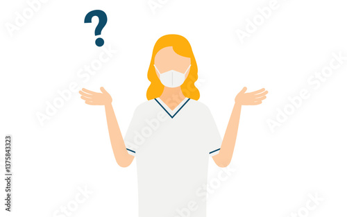 Simple illustration of a woman in a gray sweater asking a question