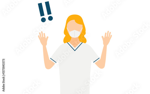 Simple illustration of a blonde female nurse raising her hand in surprise