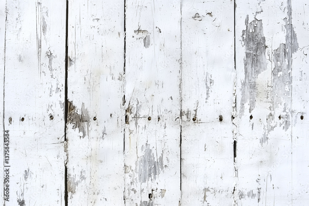 Weathered white wood texture with peeling paint and rough edges evokes rustic charm. Perfect for backgrounds or design projects