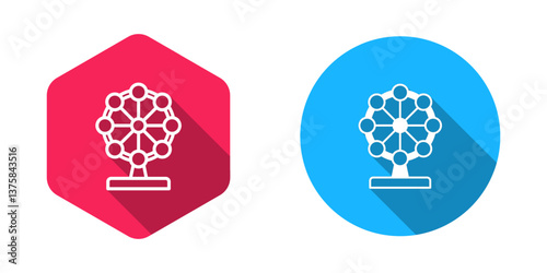 Filled and outline Ferris wheel icon isolated with long shadow background. Amusement park. Childrens entertainment playground, recreation park. Vector