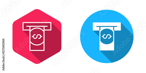 Filled and outline ATM - Automated teller machine and money icon isolated with long shadow background. Vector