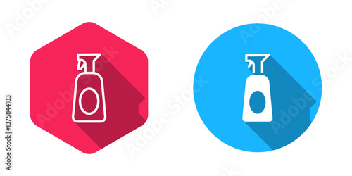 Filled and outline Cleaning spray bottle with detergent liquid icon isolated with long shadow background. Vector