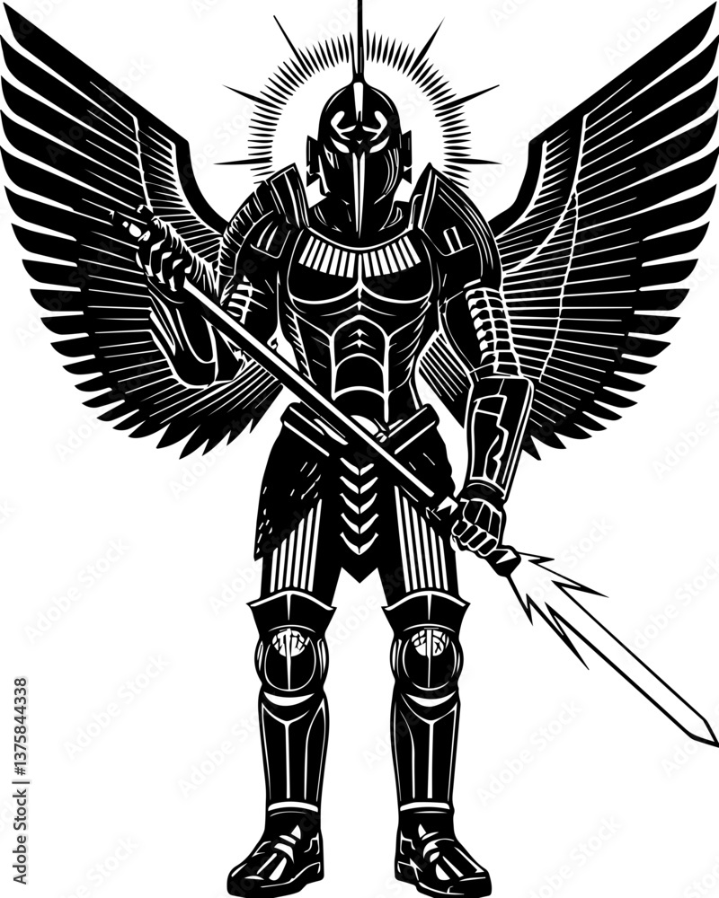 Obraz premium Egyptian gods depicted in a detailed svg vector design. Winged Warrior with Spear and Armor in Bold Style Design
