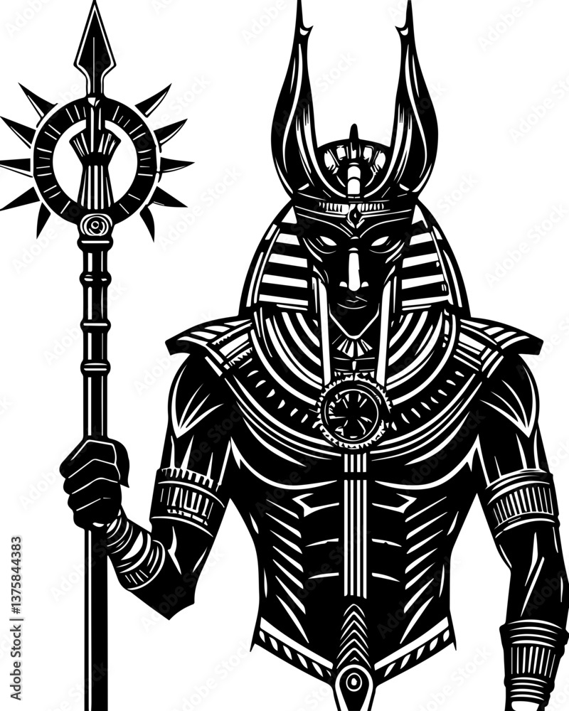 Obraz premium Egyptian gods depicted in a detailed svg vector design. Ancient Egyptian God Anubis Holding Staff in Detailed Illustration