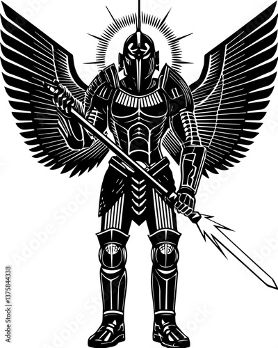 Egyptian gods depicted in a detailed svg vector design. Winged Warrior with Spear and Armor in Bold Style Design