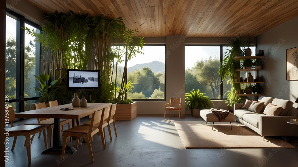 Fototapeta premium Modern hotel room living room with furniture and wooden details