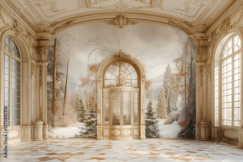 Rococo empty room with winter woodland wall mural, photography backdrop.