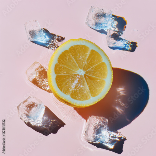 fresh lemon floating in a liquid with ice cubes.