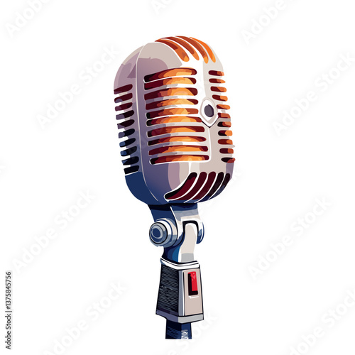 A clean, solid color background featuring a long-standing watercolor-style microphone