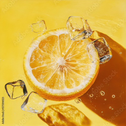 Half a fresh lemon floating in a liquid with ice cubes.
