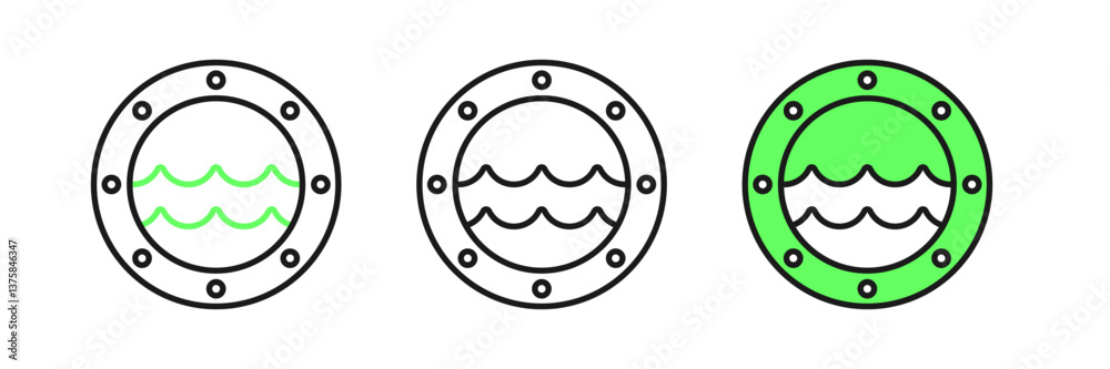 Set line Ship porthole with rivets and seascape outside icon isolated on white background. Vector