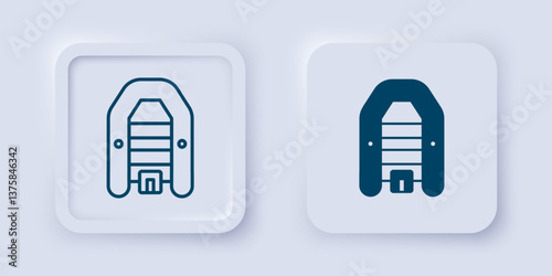 Filled and outline Inflatable boat with outboard motor icon isolated on grey background. Square button. Vector