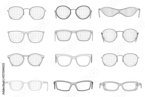 A set of glasses with a variety of shapes and sizes. The glasses are all drawn in black and white