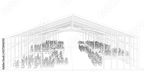 A large building with a lot of plants inside. The building is very open and has a lot of space