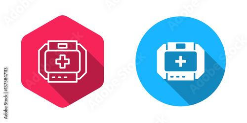 Filled and outline First aid kit icon isolated with long shadow background. Medical box with cross. Medical equipment for emergency. Healthcare concept. Vector