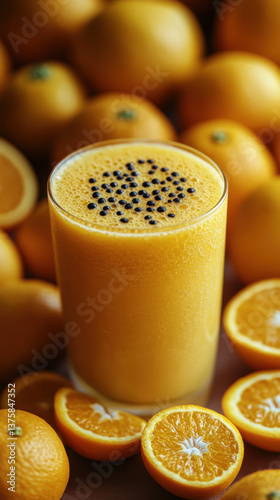 oranges, a sweaty glass, orange juice, lying on oranges, top view 