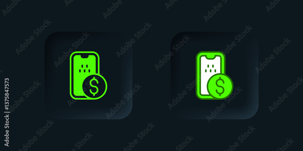 Green Mobile banking icon isolated on black background. Transfer money through mobile banking on the mobile phone screen. Black square button. Vector Green Mobile banking icon isolated on black background. Transfer money through mobile banking on the mobile phone screen. Black square button. Vector