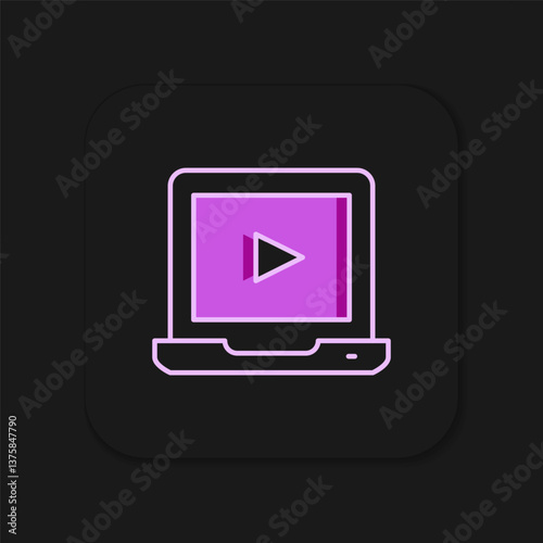 Filled outline Online play video icon isolated on black background. Laptop and film strip with play sign. Flat filled outline style with shadow. Vector