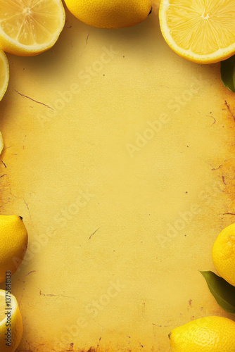 a yellow background with cut and full lemons in the corners. leave the middle of the page blank.