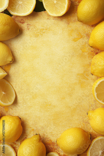 a yellow background with cut and full lemons in the corners