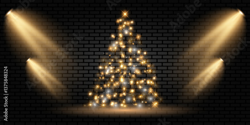 Sparkling lights in the form of a Christmas tree with bright shiny and glowing particles. Golden glowing fir tree. Vector png.