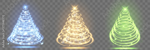 Set of Christmas trees with glitter stars. New Year holidays. Shining Christmas trees. EPS 10.