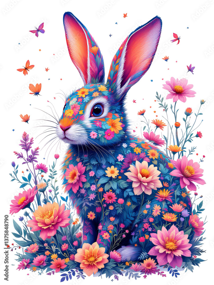 Fototapeta premium A whimsical and vibrant illustration of a rabbit adorned with colorful flowers