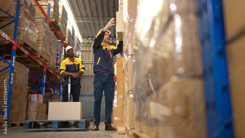 Two warehouse workers are lifting boxes of merchandise on a pallet jack to store on a shelf in a warehouse Two warehouse workers are lifting boxes of merchandise on a pallet jack to store on a shelf in a warehouse