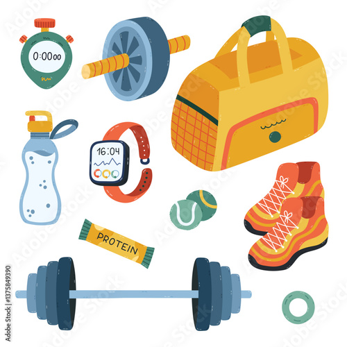 Lovely cartoon fitness set with different sport inventory. Cute hand drawn athletic, workout collection with gym bag, barbell for weightlifting, press roller, sneakers isolated on white background.