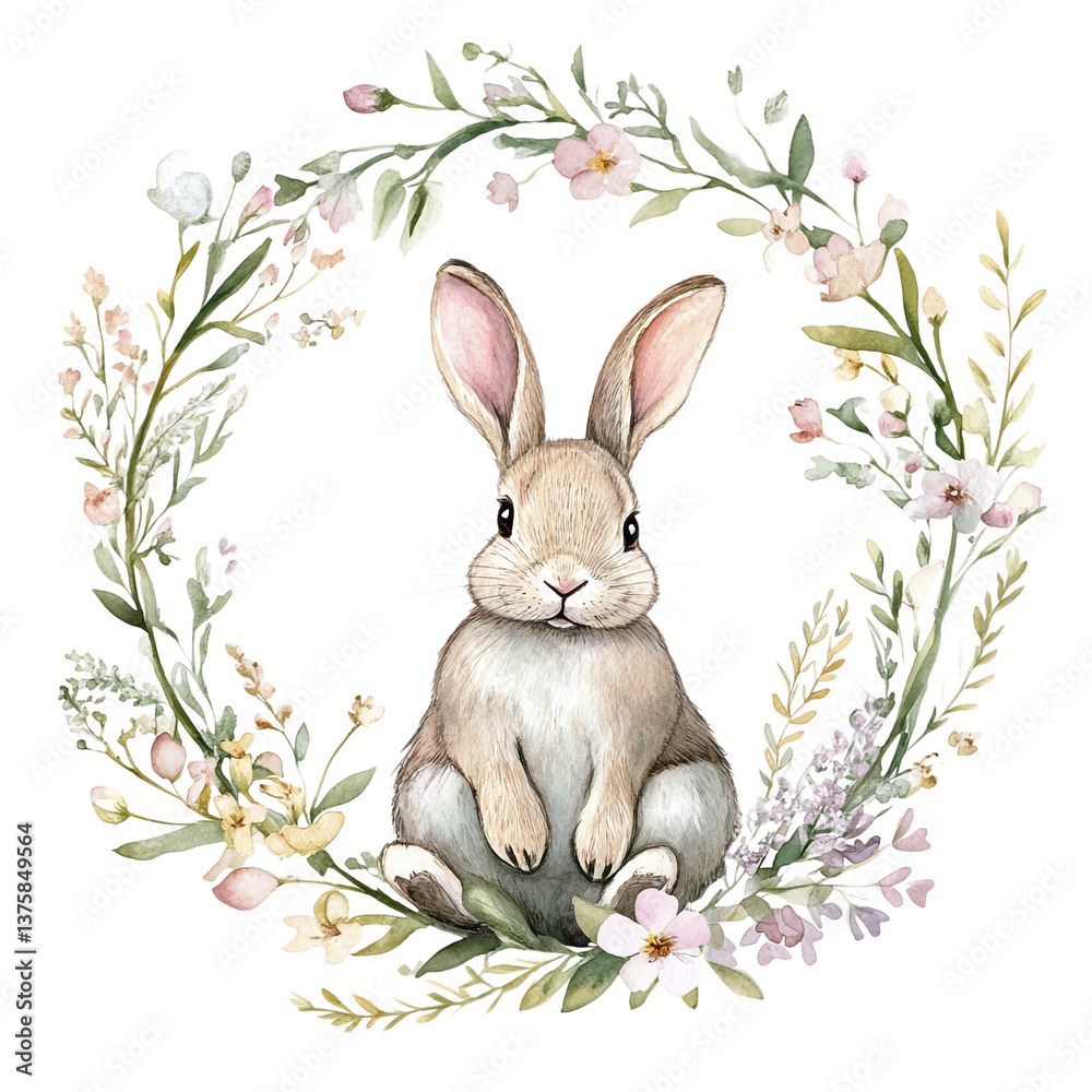 Obraz premium Delicate watercolor rabbit sitting inside a floral wreath, isolated on white background