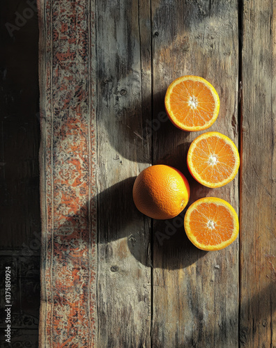 Three vibrant oranges—one whole and two halved—on a rustic wooden table. Warm sunlight and rich textures highlight the natural contrast and freshness in a detailed, close-up composition.